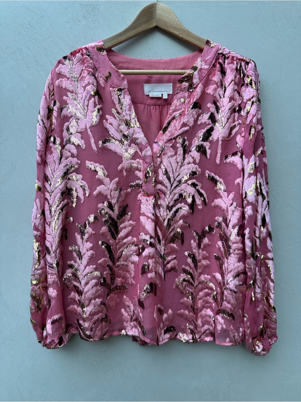 Anthropologie Lori Burnout Velvet Blouse Pink Floral Metallic M
